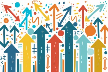 Bold progress text surrounded by upward trends, bar graphs, and abstract arrows in pastel colors
