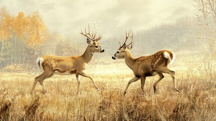 Fototapeta premium Whitetail Buck and Doe Encounter in an Expansive Meadow