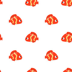 Seamless pattern with red tropical fish. Cute fish pattern. Red fish.