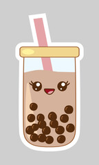 Sticker with kawaii style bubble tea glass with boba pearls and straw, vector