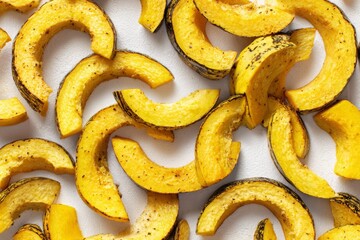 Delicious roasted acorn squash slices arranged against a simple white background.