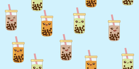 Kawaii bubble tea cups with happy faces seamless pattern on blue background, vector