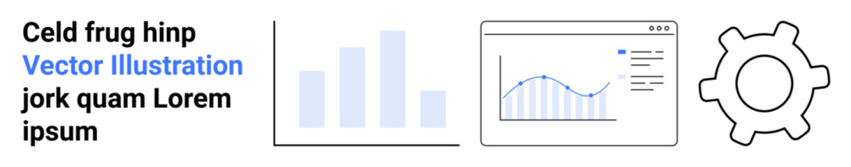 Bar chart, line graph on browser window, gear icon. Ideal for data management, analytics, technology, growth strategy, business processes, web design simple landing page