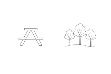 Simple line art illustration depicting a picnic table and trees against a white background