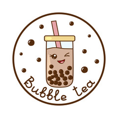 Kawaii winking bubble tea with boba tapioca pearls in a circle frame with lettering, vector