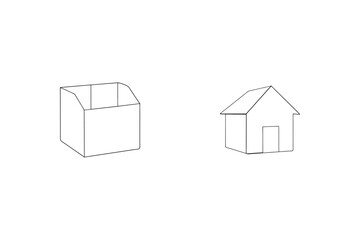 Simple line drawings of a house and a rectangular container on white isolated background