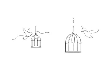 Birds leaving cages and flying in freedom simple line art graphic illustration design