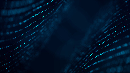 Abstract blue background with moving glowing particles. Big data. 3D rendering.