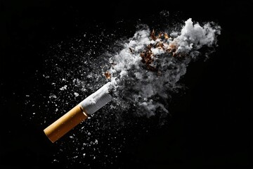 Exploding cigarette in smoke on black background, anti-smoking symbol