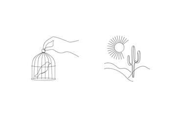 Hand holding birdcage with bird and minimalist desert scene with cactus and sun illustration
