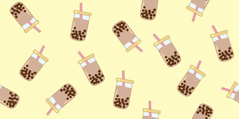 Bubble tea seamless pattern showing boba drink with pink straws on yellow background