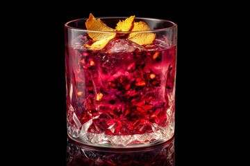 A colorful and appetizing cocktail in a crystal glass, garnished with orange zest.