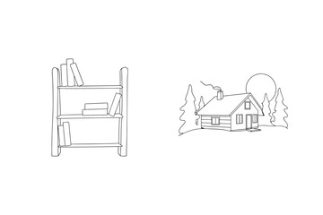 Naklejka premium Black and white line art depicting bookshelf and cozy cabin in the woods