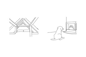 Obraz premium Cozy Home Interior With Dog And Fireplace Sketch