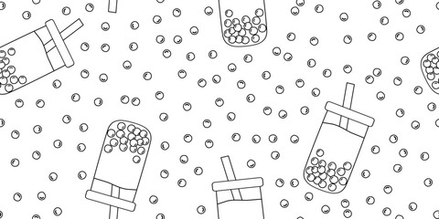 Seamless pattern with bubble tea or boba drink and tapioca balls, vector