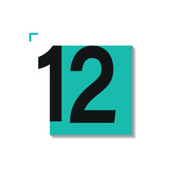 Vector calendar date with number 12 in minimalist style. Black numeral on teal square with shadow and corner mark. Featuring Transformative Teal color