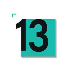 Vector calendar date with number 13 in minimalist style. Black numeral on teal square with shadow and corner mark. Featuring Transformative Teal color