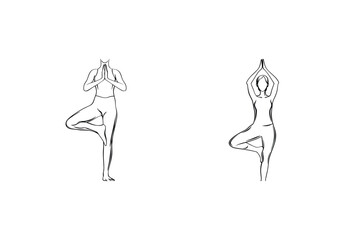 Minimalist line drawing of two women performing the tree yoga pose on white background