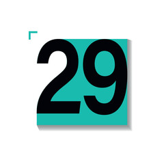 Vector calendar date with number 29 in minimalist style. Black numeral on teal square with shadow and corner mark. Featuring Transformative Teal color