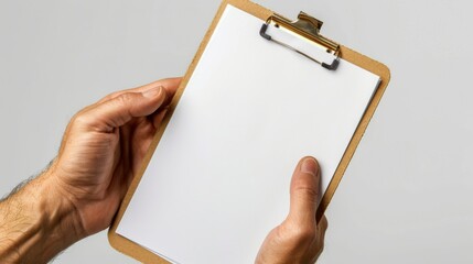 Person grasping a clipboard containing blank sheets against a clean white background
