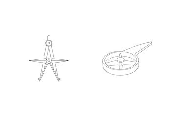 Compass and navigation tools simple line drawings on a clean white background