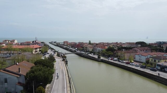 Porto Reno Channel bridge, Casalborsetti, Ravenna, Italy. Drone view footage