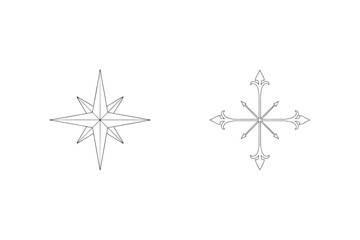 Fototapeta premium Two decorative starburst and compass rose designs in simple minimalist black line art