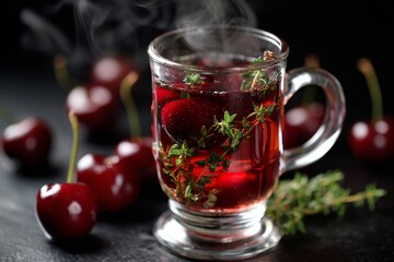 A glass of hot cherry tea with thyme, a comforting and flavorful beverage, with cherries.