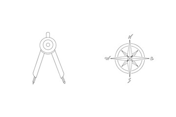 Line drawing of compass and dividers: navigation and measurement symbols design