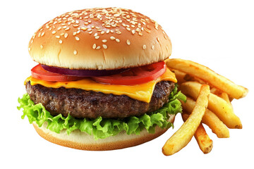 Delicious cheeseburger with french fries isolated on transparent background