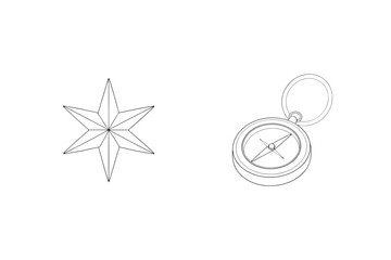 Black line art illustration of a compass and seven pointed star isolated on white