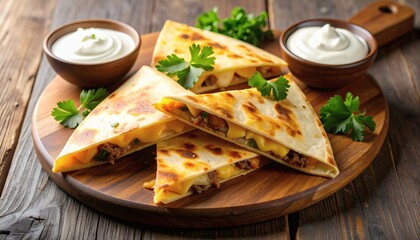 Cheese and Beef Quesadilla with Salsa &ndash; Realistic Side-Angle Food Image