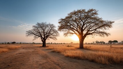 Two Trees in Field at Sunset