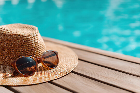 Relaxing summer vibes with sunglasses and a straw hat by the pool