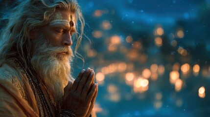 Wise elderly man meditating in traditional saffron robes with hands in prayer against glowing lights of a spiritual festival night ideal for mindfulness and cultural visuals