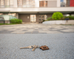 Keys with House Keychain Left on Paved Path. 