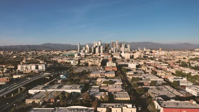4K drone Video of downtown Los Angeles during sunset as a stablishing shot 4K