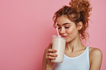 Young Caucasian Woman Enjoying a Protein Shake in Casual Attire on a Vibrant Pink Background