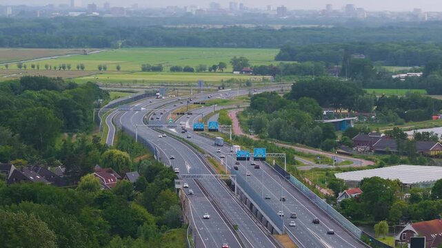 Aerial drone video of the highway A44 in Leiden, the Netherlands.