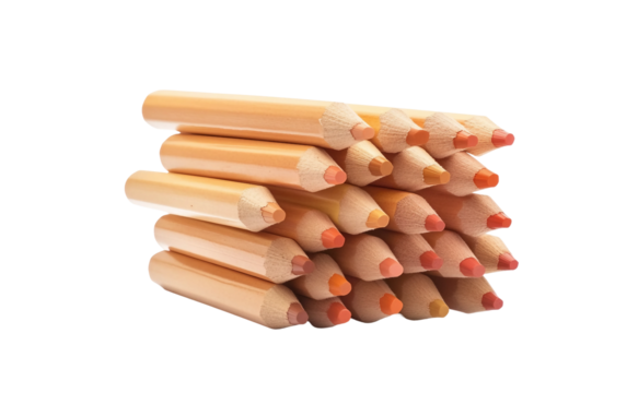 Set of floating colored pencils arranged in a creative and dynamic pattern isolated on transparent background PNG