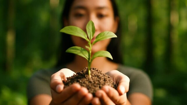Hands holding young plant with soil, enviromental care