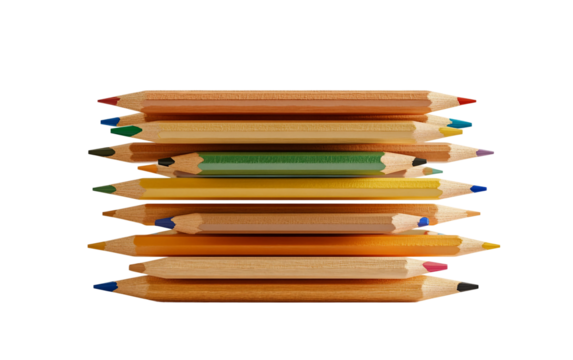Vibrant collection of colored pencils suspended in midair with artistic layout isolated on transparent background PNG