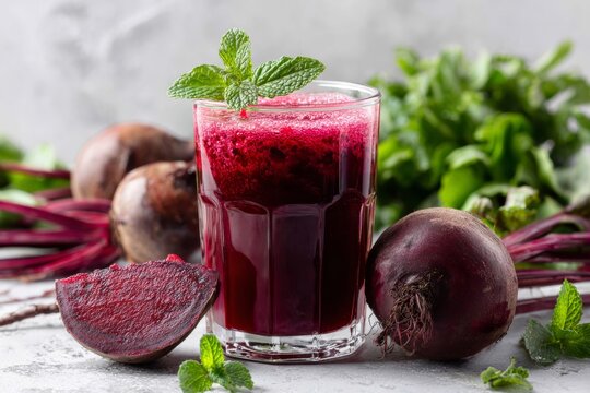 A glass of refreshing beet juice, garnished with fresh mint, a vibrant and healthy beverage.