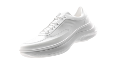 Minimalist single designer sneaker floating mid air in a clean studio setting with focus on modern footwear aesthetics isolated on transparent background PNG