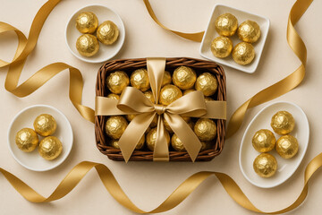 Gold-Wrapped Chocolates in Gift Basket