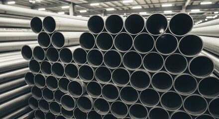 Industrial warehouse filled with many stack of metal pipes. Manufacturing and construction supplies storage