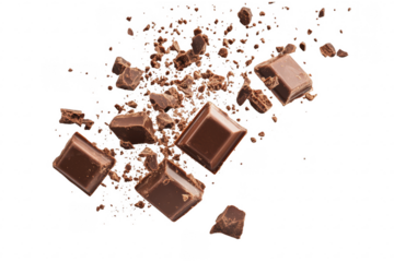 Milk chocolate pieces exploding isolated on transparent background