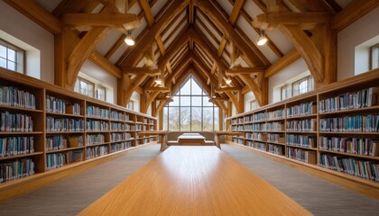 Library interior with books and vaulted ceiling