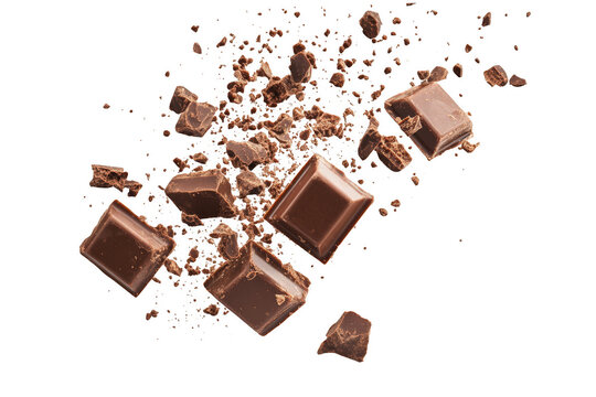 Milk chocolate pieces exploding isolated on transparent background
