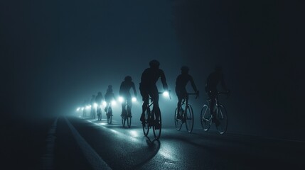 Fototapeta premium Nighttime Bicycle Light Emission: Silhouetted Group of Road Cyclists Battling Fog and Shadows